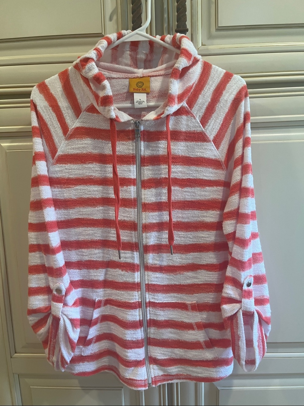 Ruby Rd. Coral and White Striped Hooded Zip-Up Sweatshirt